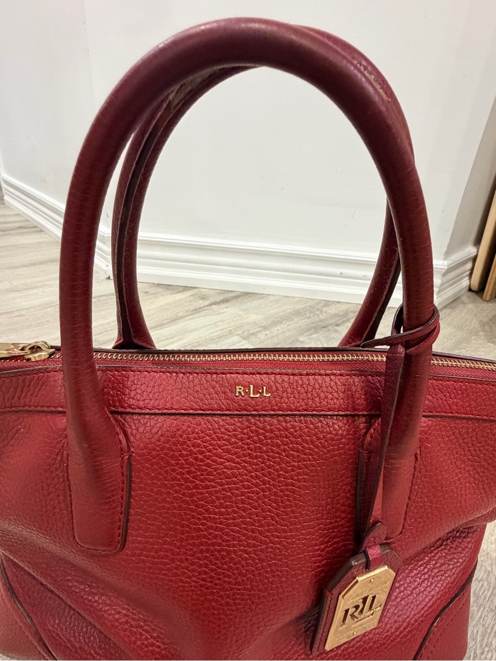 Ralph Lauren Burgundy Pebbled Leather Satchel with Gold Hardware - Picture 3 of 15